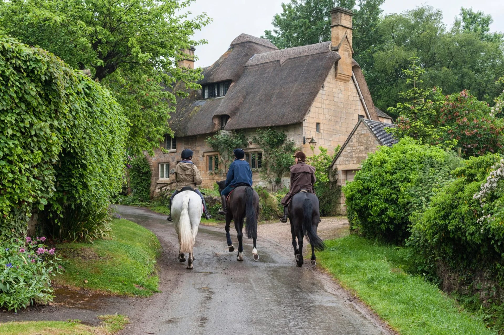 Horse riders on a lane past a thatched stone cottage