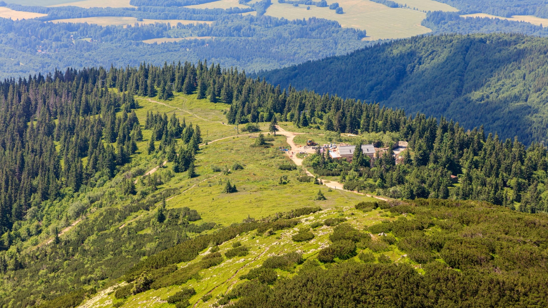 View of mountain hut in renovation from above. Chata pod Chlebom, Mala Fatra
