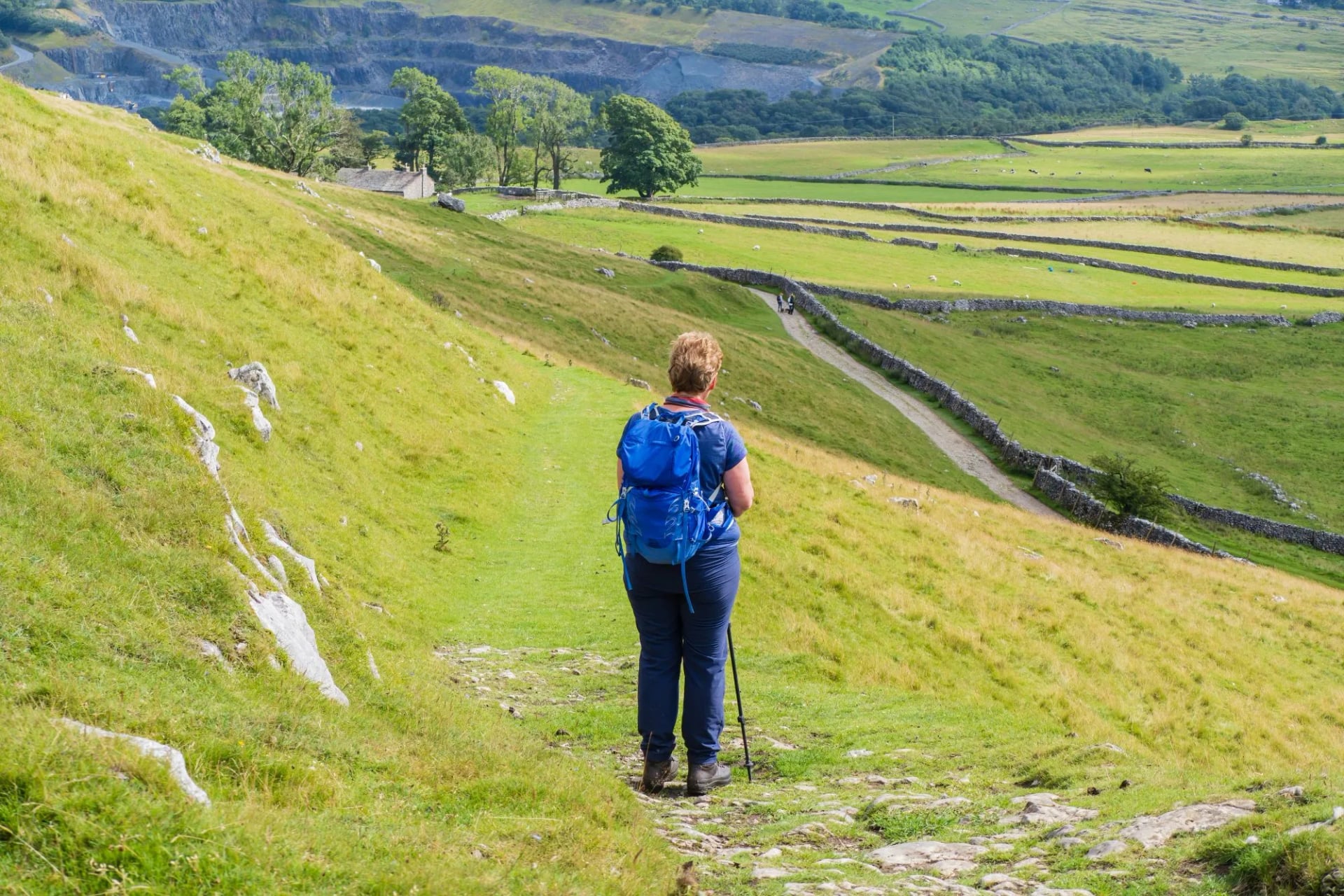 A walker with a daypack and poles on a grassy path above drystone-walled fields in the Yorkshire Dales