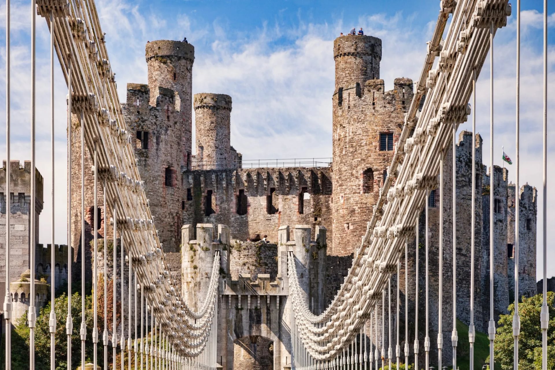 Conwy Castle and Thomas Telford's suspension bridge on the north Wales coast
