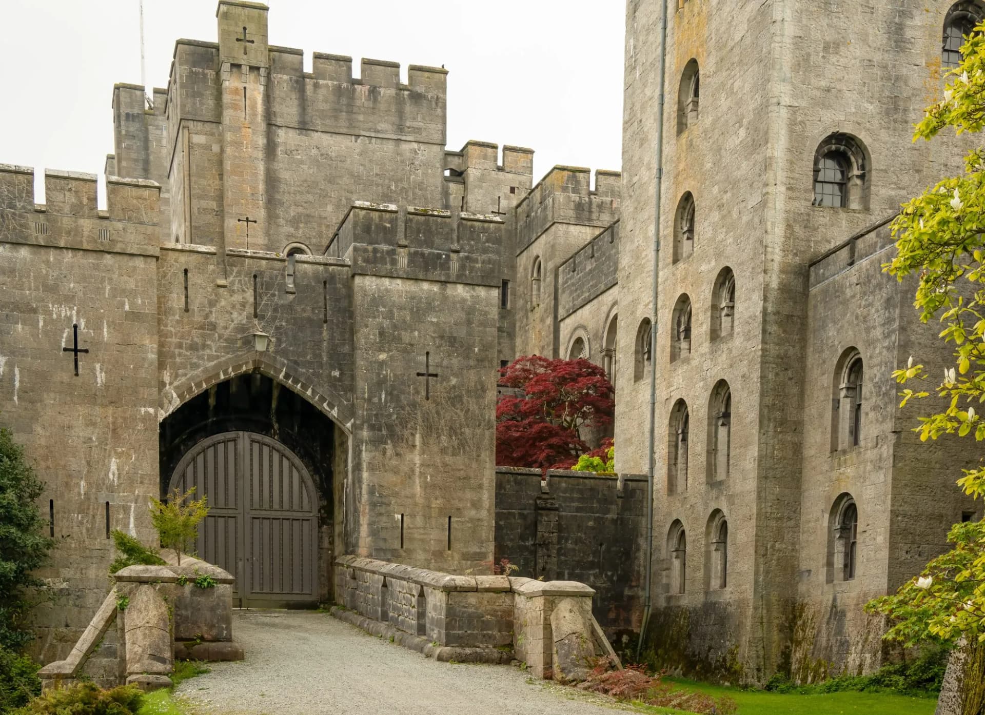 A view of Penrhyn Castle, an extensive medieval country house in Llandygai, Bangor, North Wales, in the form of a Norman castle.