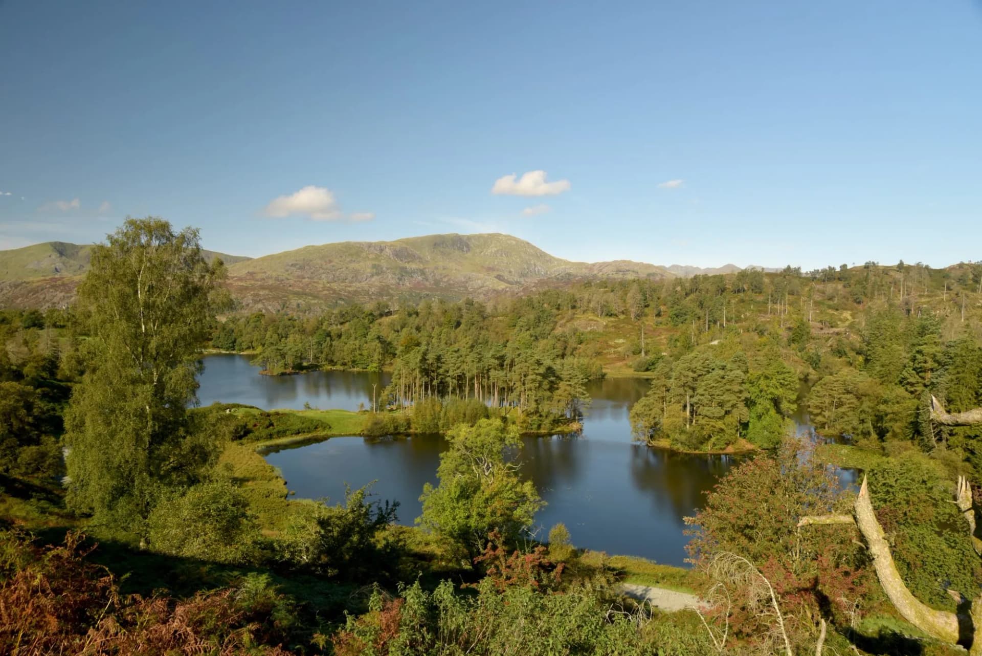 The peak of Wetherlam above the lakes at Tarn Hows in the Lake District