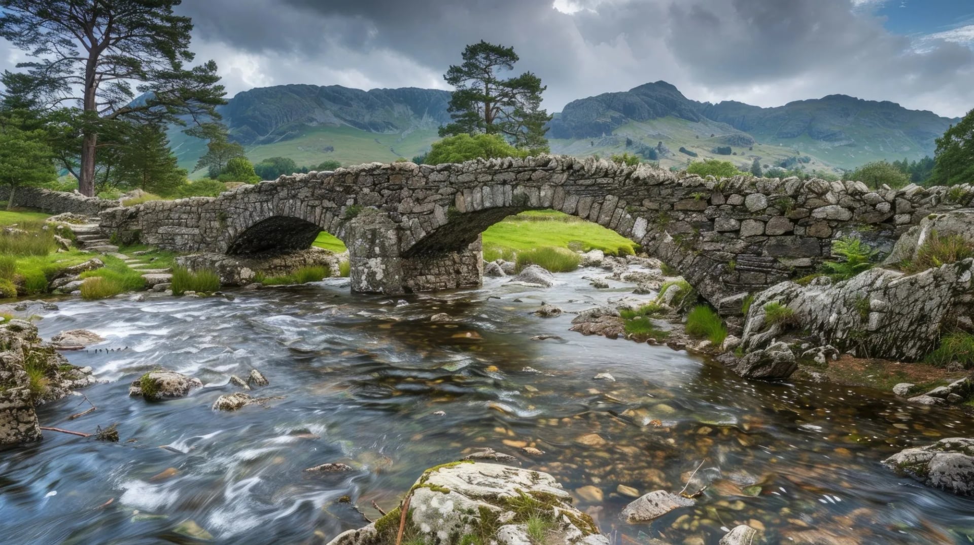 A stone packhorse bridge arching over a boulder strewn river