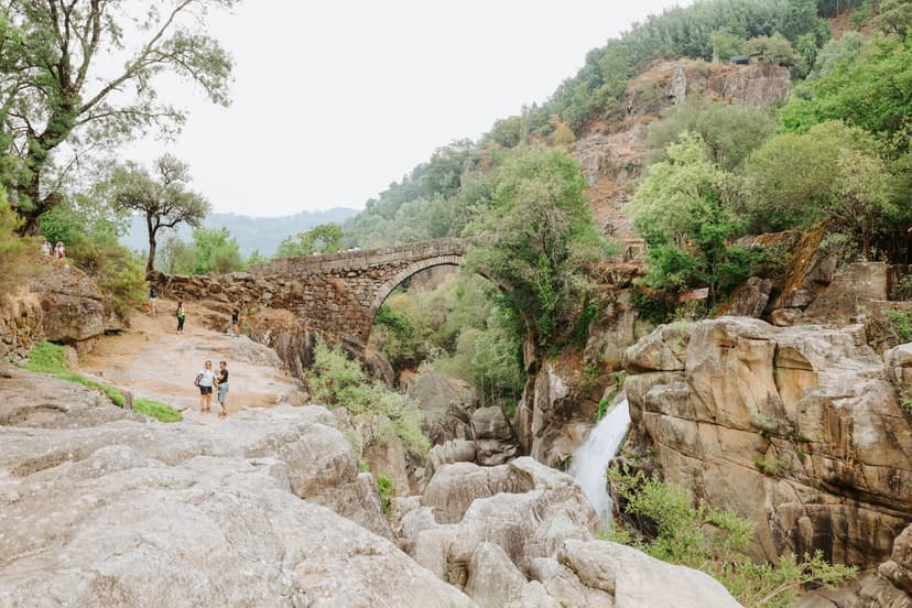 Stone bridge over waterfall with rocky gorge and forest landscape