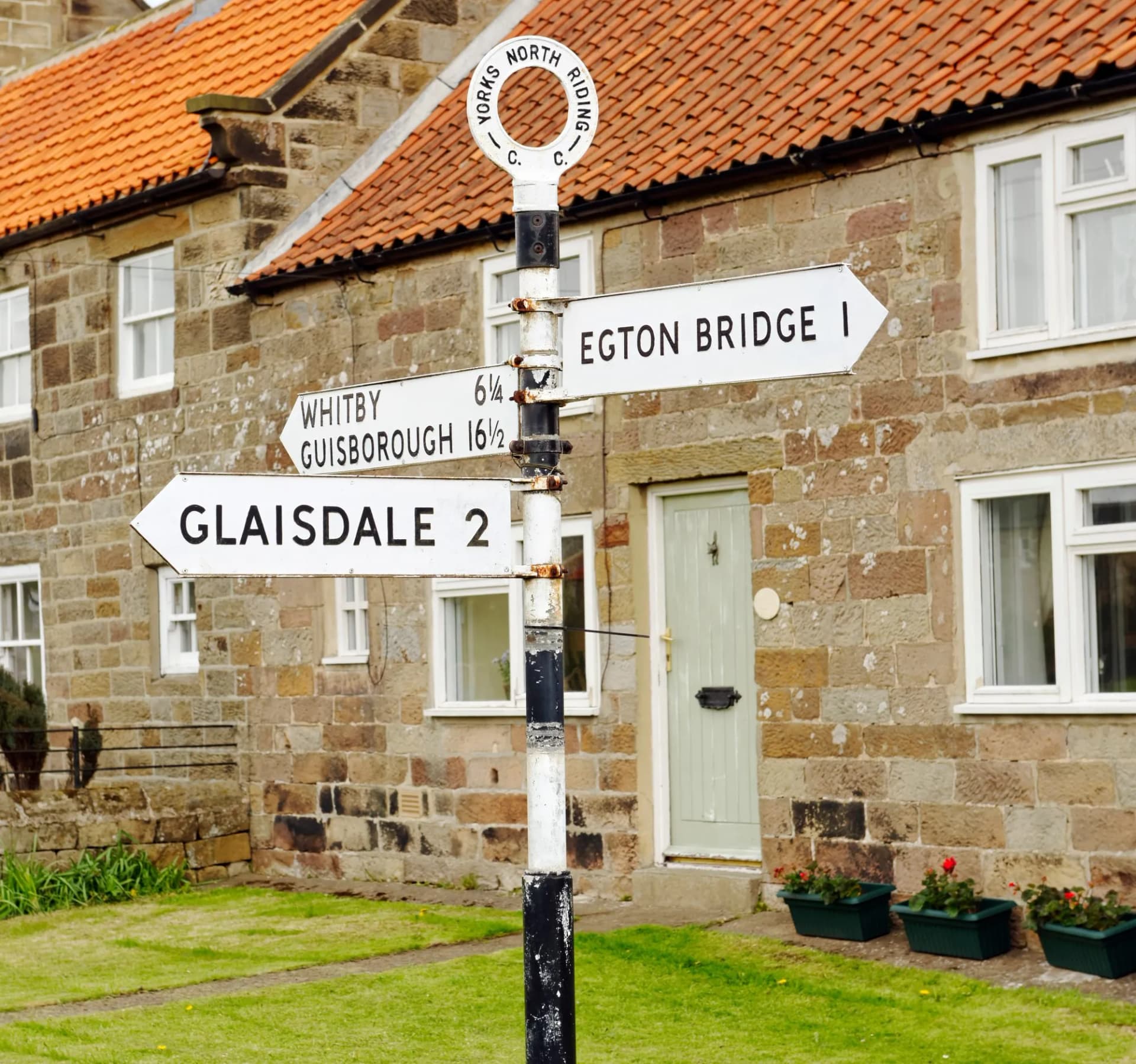 Old North Riding county road sign in the village of Egton in North Yorkshire, England