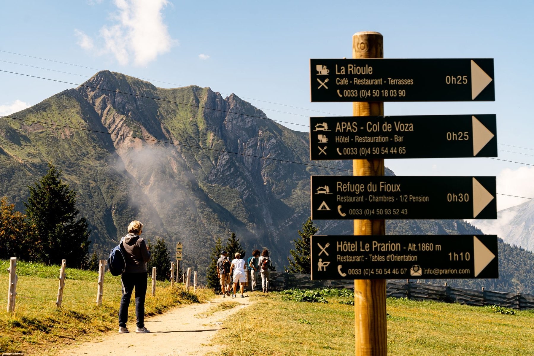 A junction signpost giving destinations and walking times