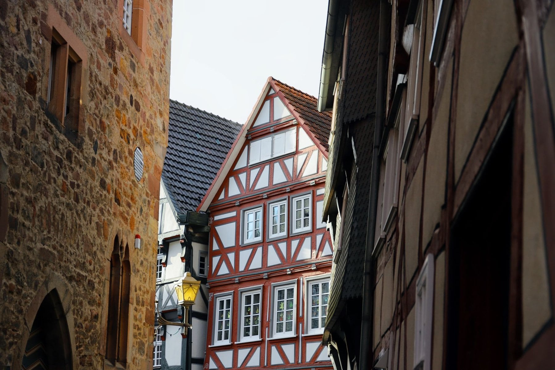 Half timbered houses lining a German village street