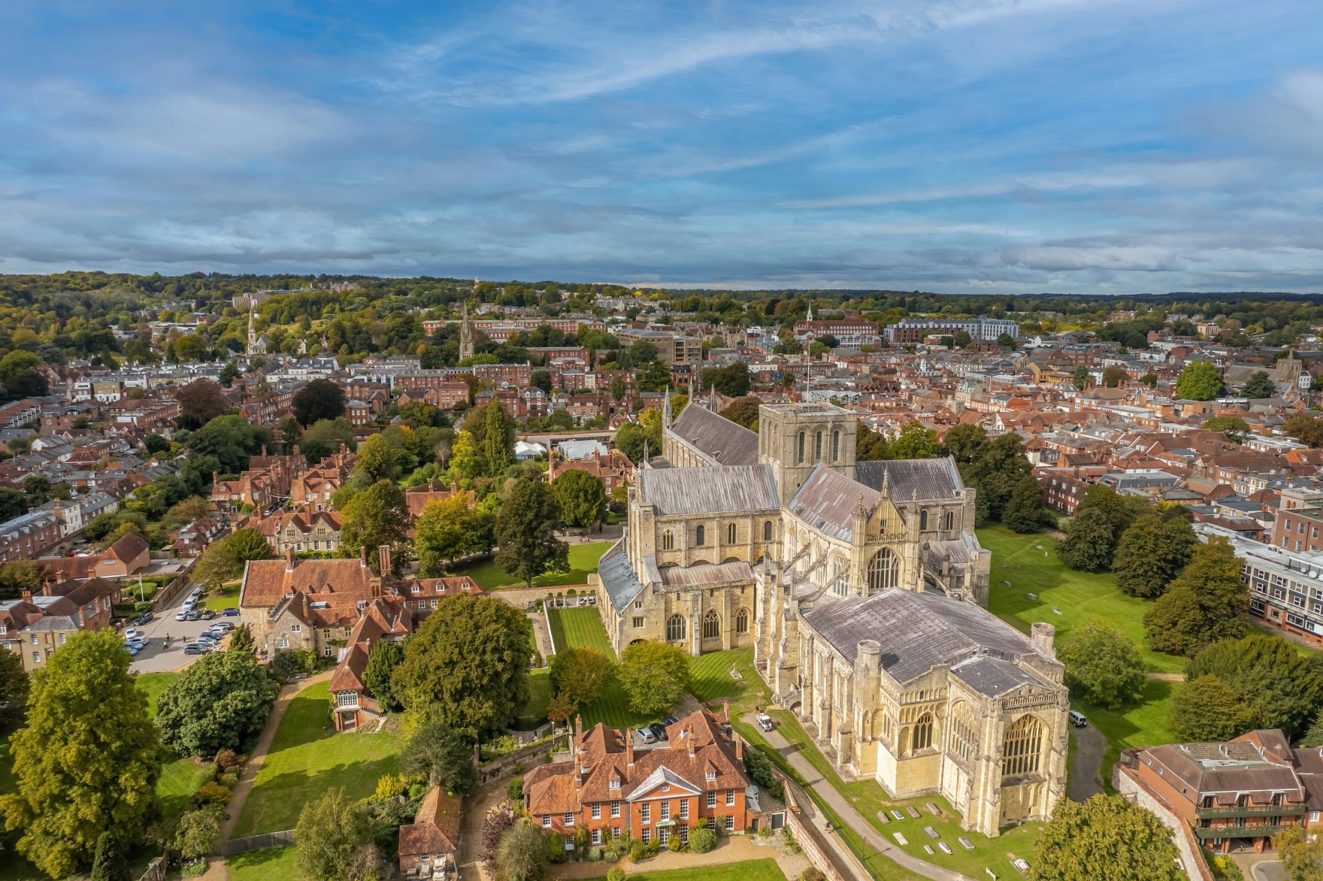 Winchester Cathedral and the city from the air at the start of the South Downs Way