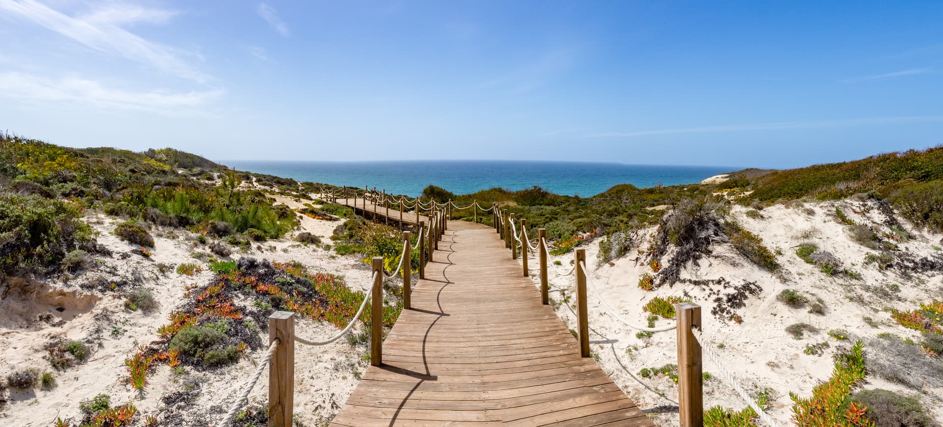 Boardwalk leading to beach over sand dunes on the Vicentine coast of Portugal.