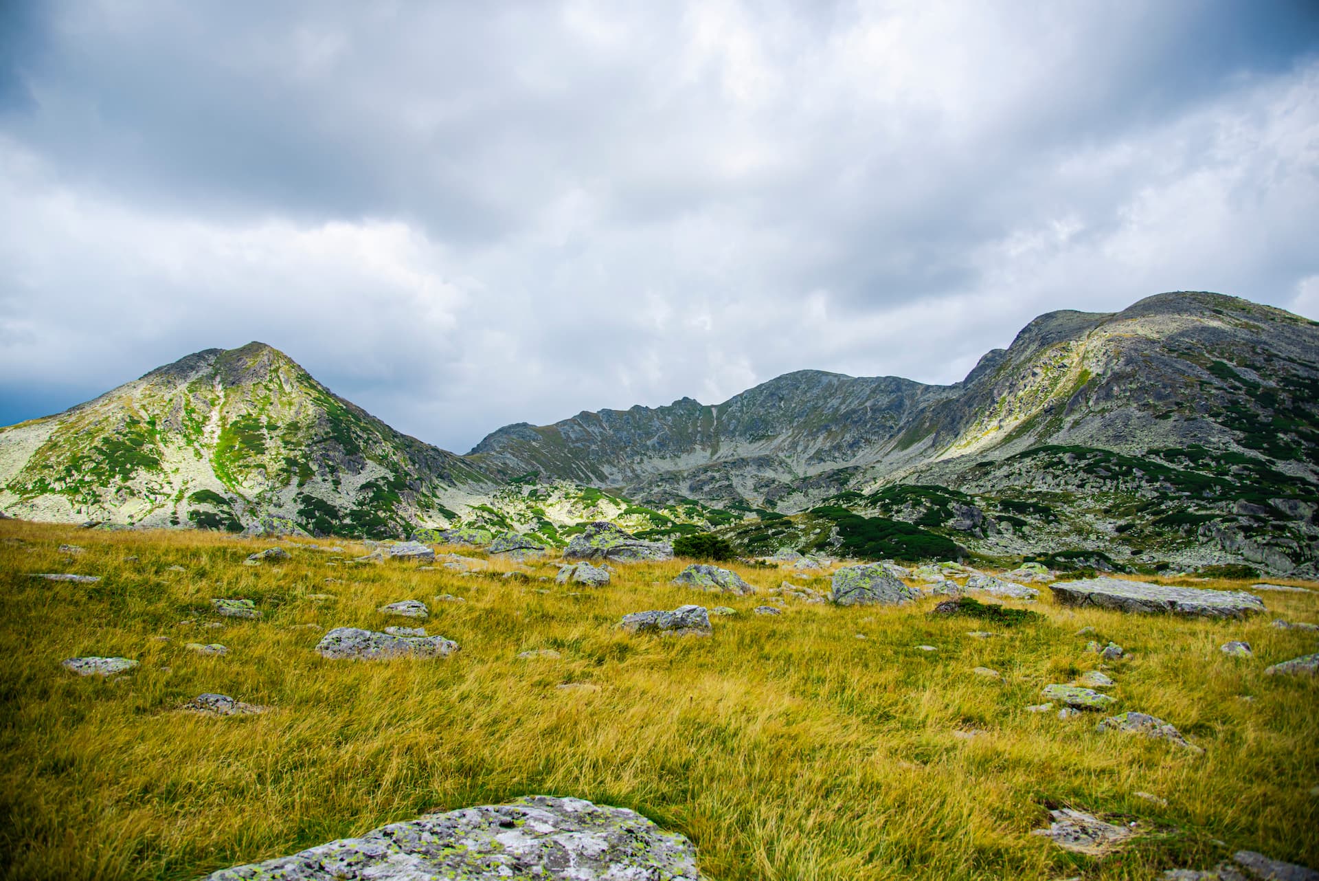 Rocky mountain landscape with yellow alpine meadow and dark cloudy sky, Retezat.