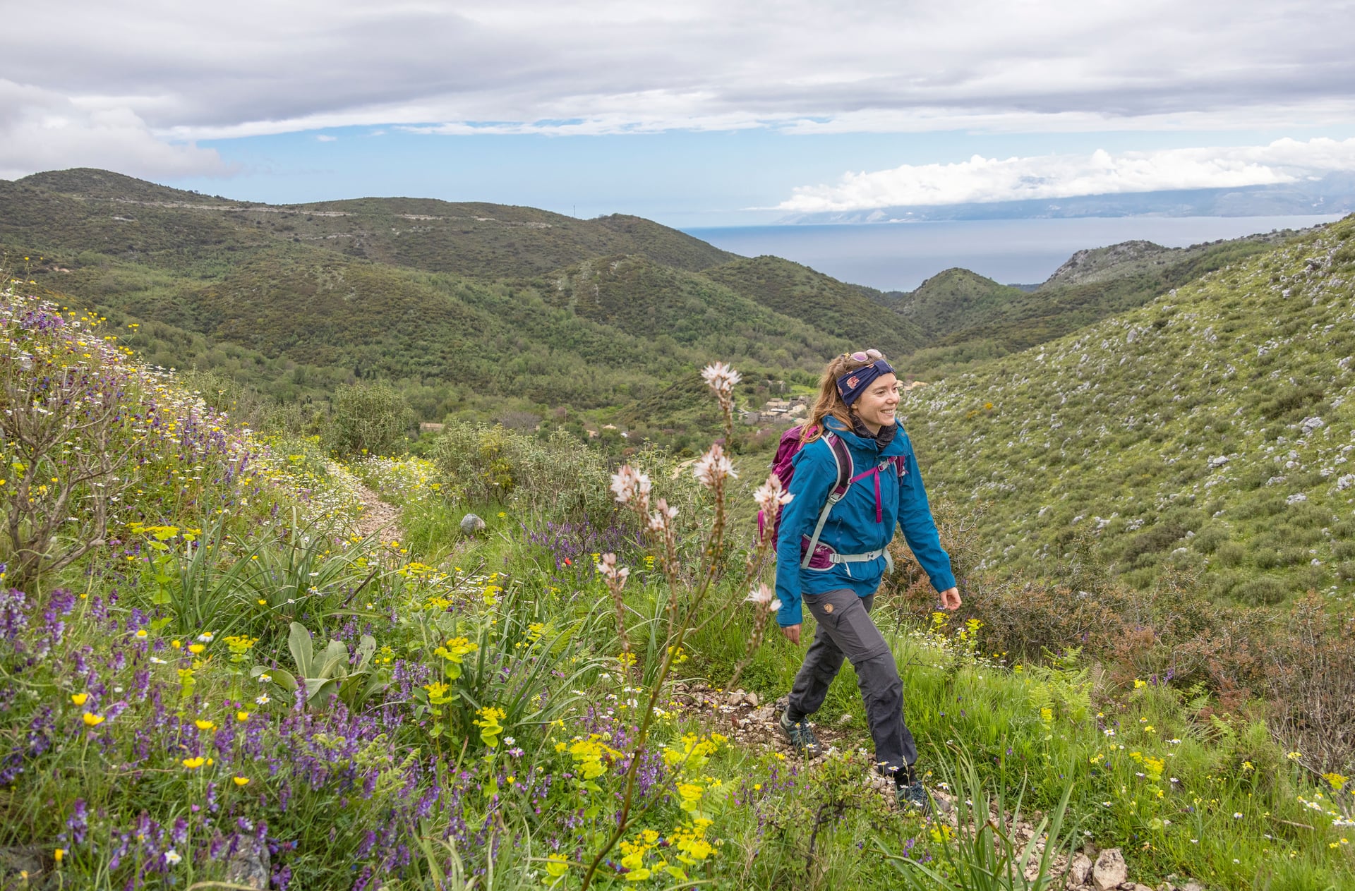 Hiker walking on coastal mountain trail with wildflowers and sea view