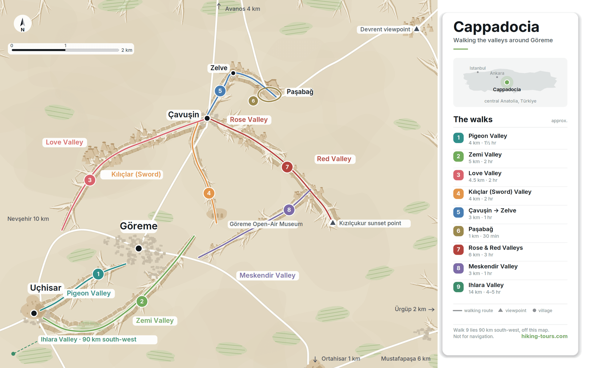 Kappadokien vandrekort, der viser vandreruter omkring Göreme og de omkringliggende dale