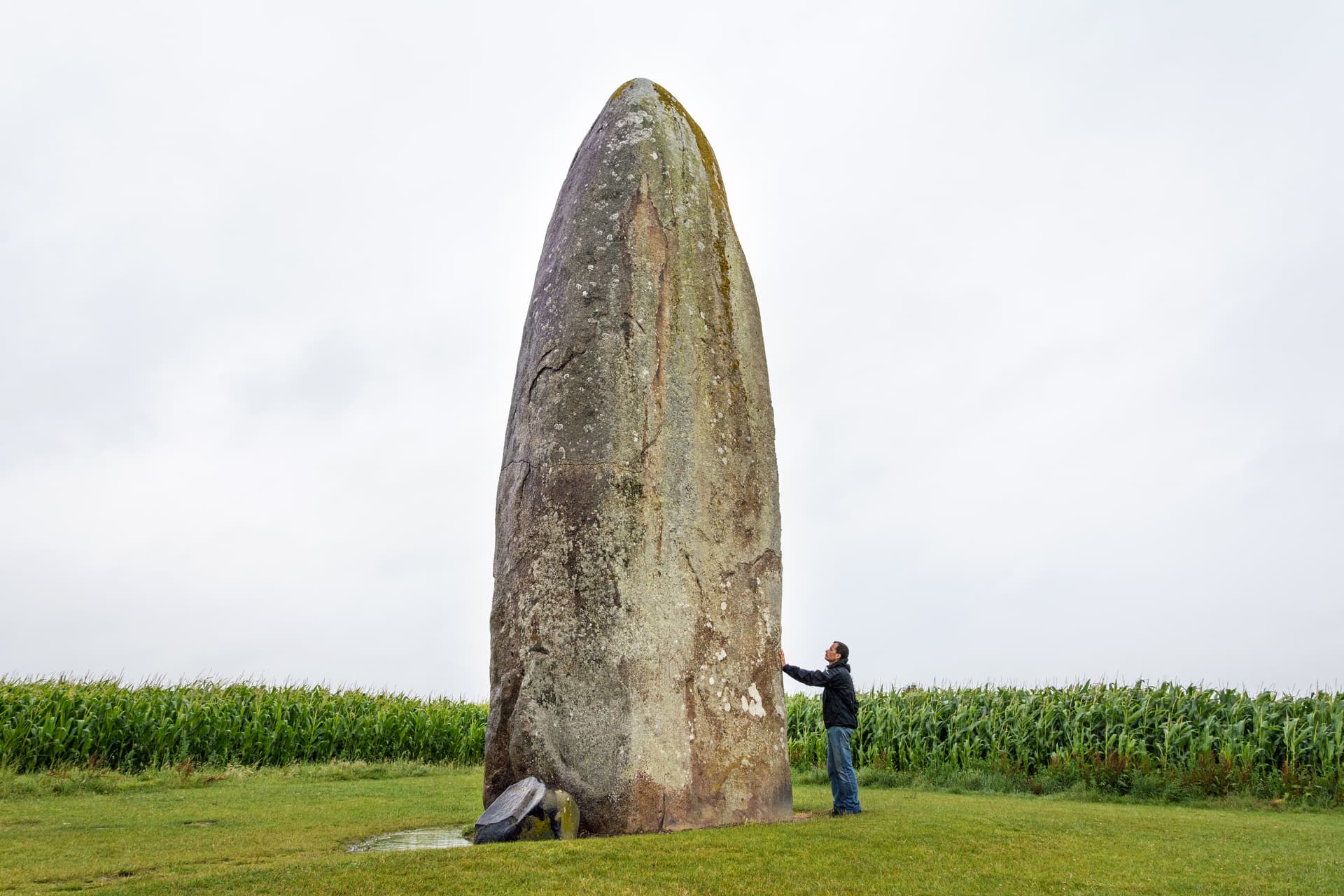 Tall menhir isolated in a field next to a corn crop, Dol-de-Bretagne, Brittany, France.