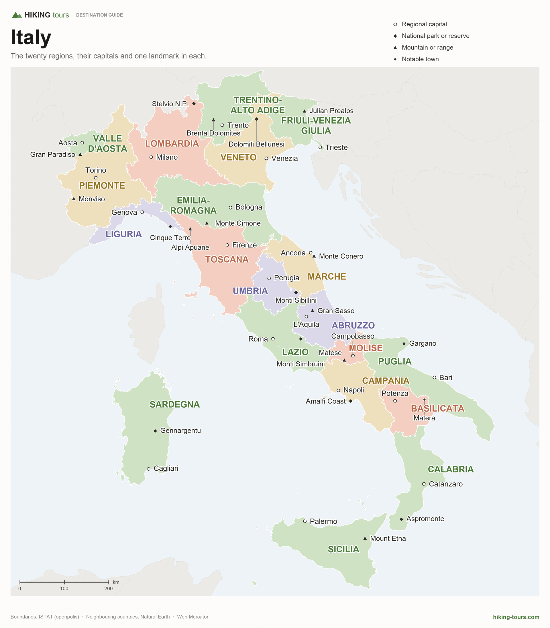 Kort over Italien, der viser regioner, hovedstæder og vartegn