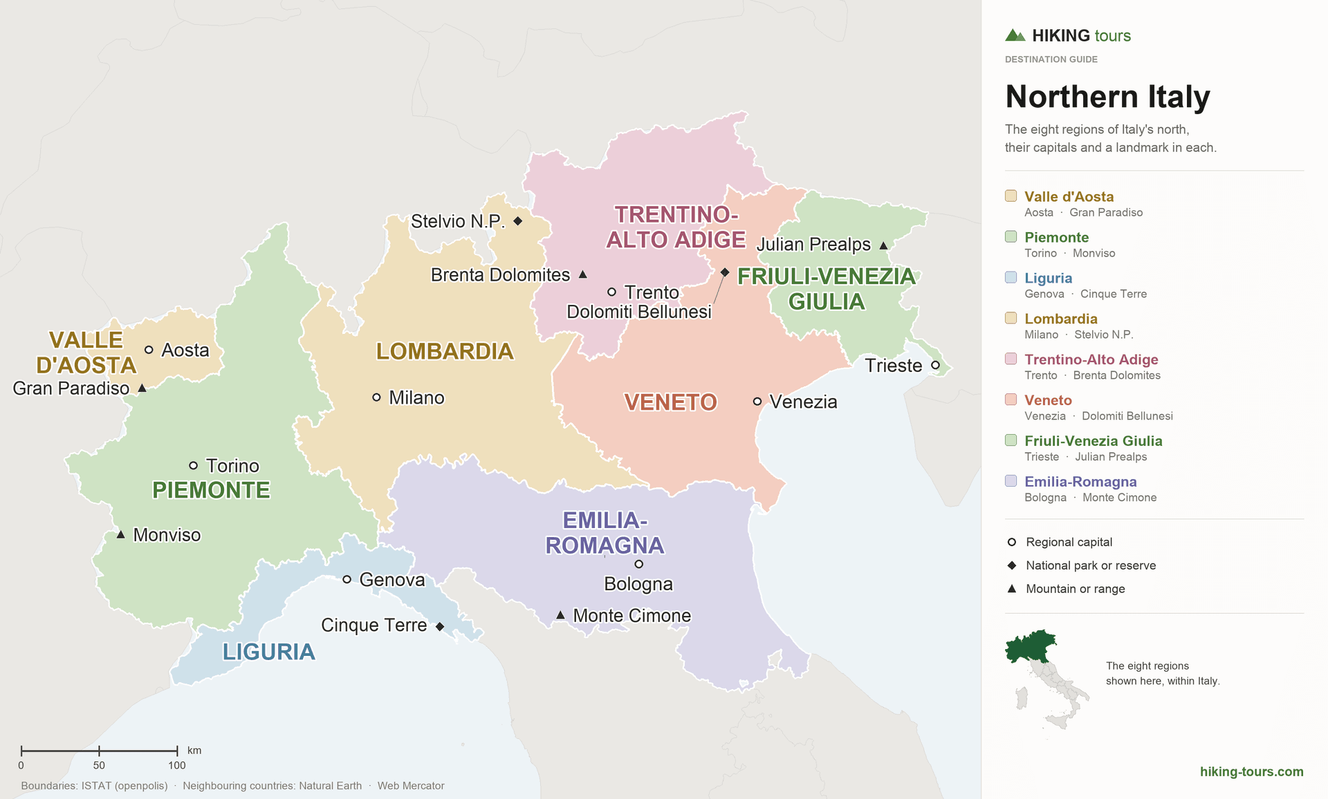 Karta över norra Italiens regioner och vandringsmål