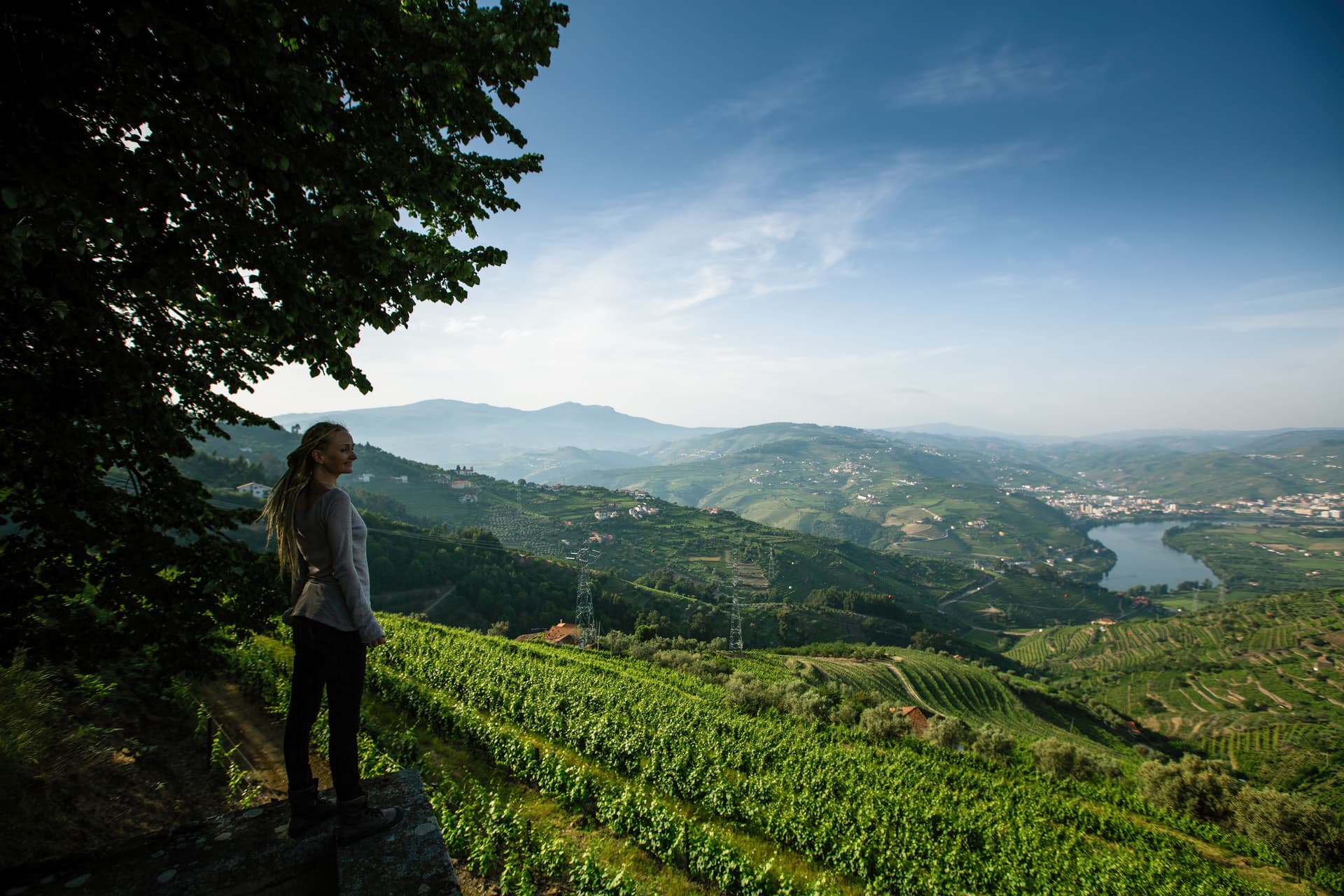 Woman overlooking terraced vineyards and Douro Valley near Porto, Portugal.