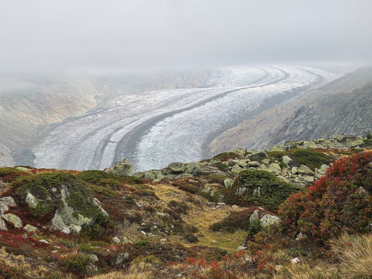 Massive glacier winding through rocky mountain valley under cloudy sky