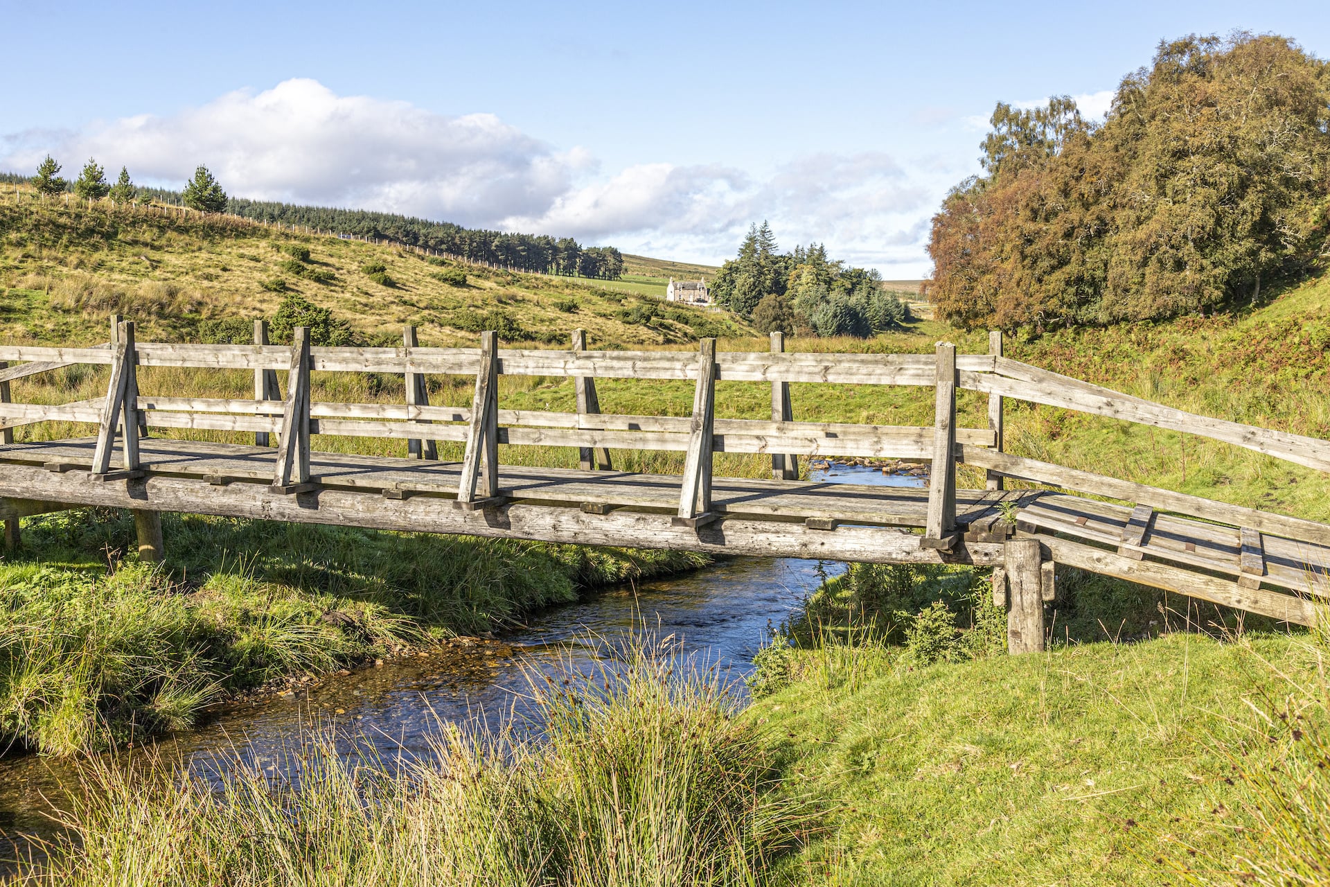 A wooden footbridge over a burn in open farmland near Tomintoul