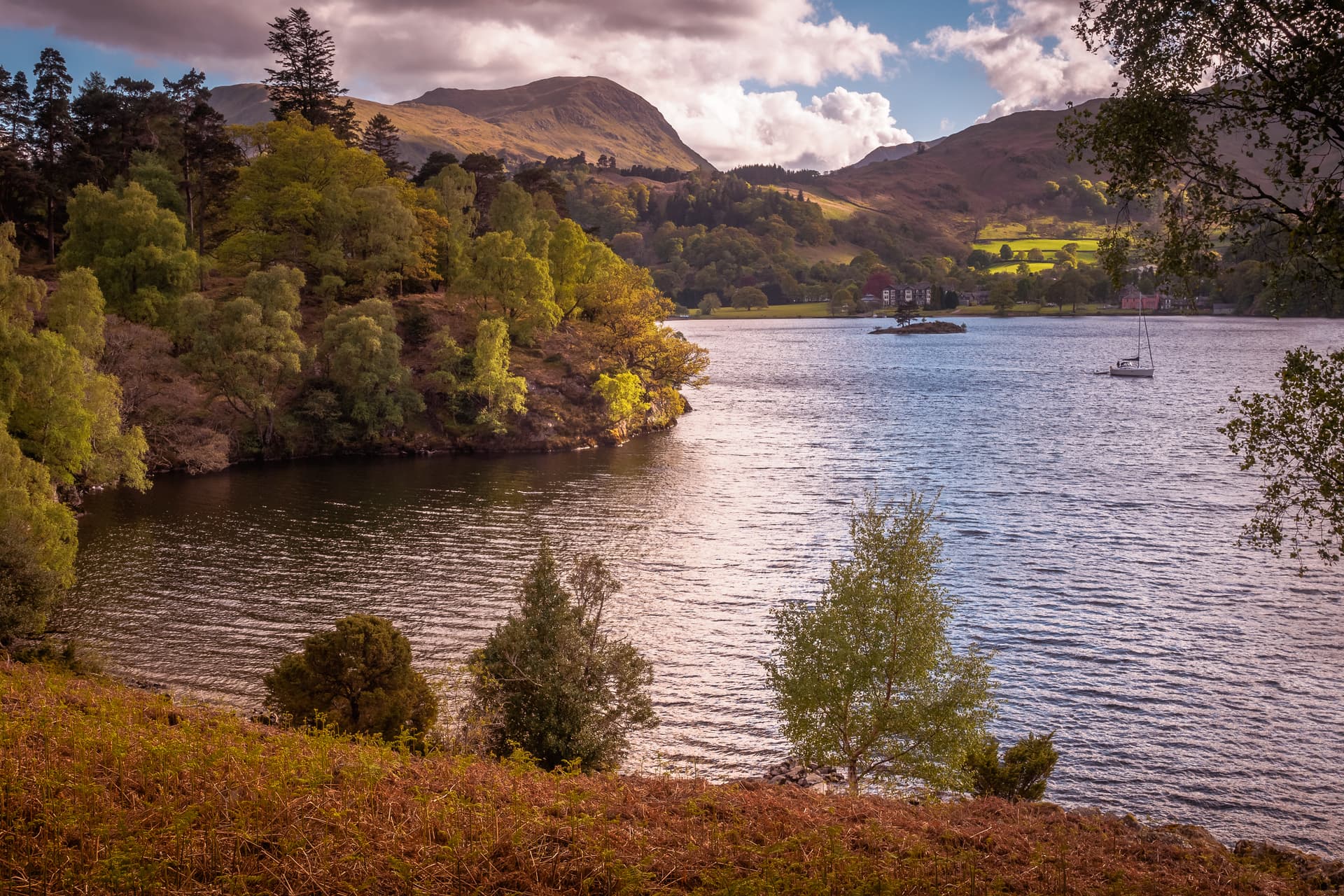 Sailboat on Ullswater lake with mountains, trees, and ferns in the foreground