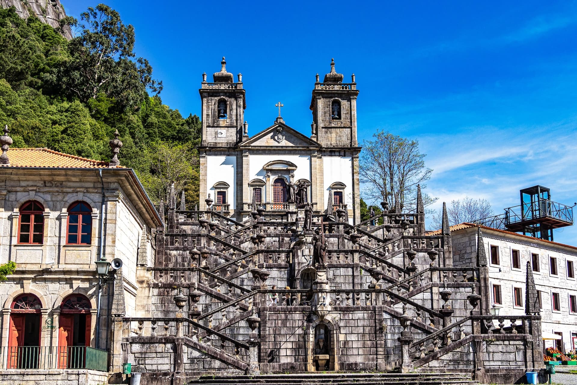 Baroque sanctuary with monumental stone staircase at Peneda-Geres National Park, Portugal.