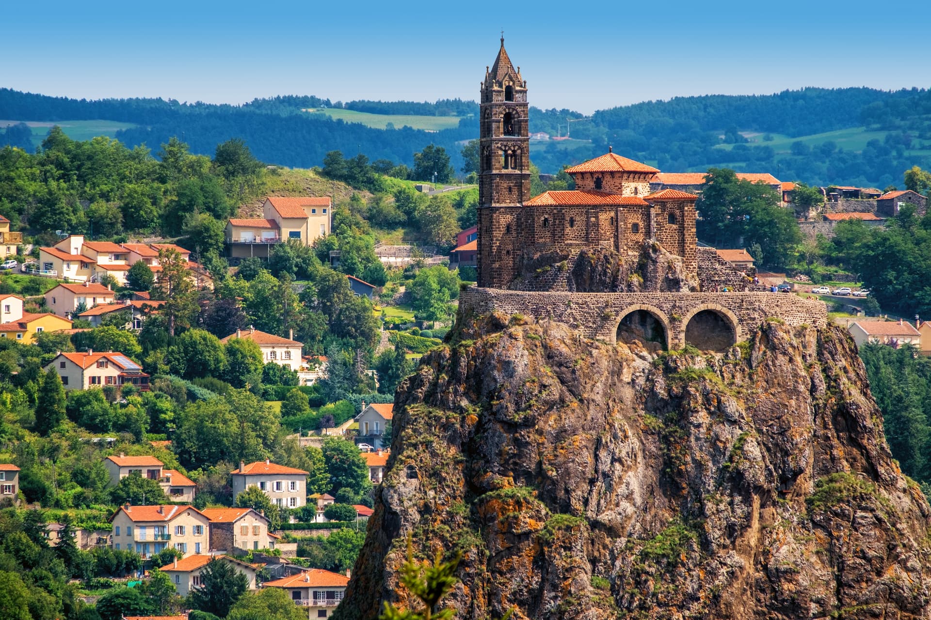 Saint-Michel d'Aiguilhe Chapel on volcanic plug above Le Puy-en-Velay, France.