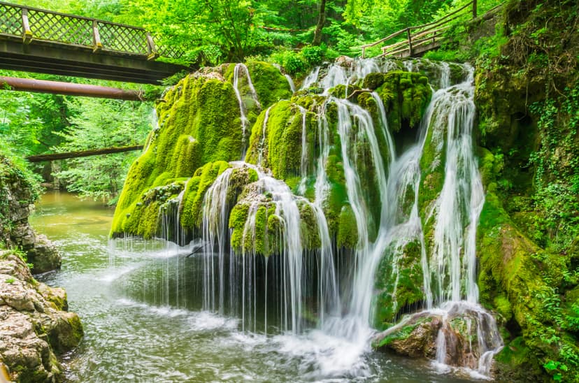 Waterfall flowing over mossy green rocks beneath a wooden bridge in a lush forest
