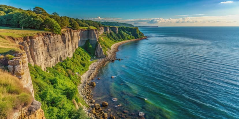 Steep cliffs along the northern Bornholm coastline overlooking the Baltic Sea in Denmark, Baltic Sea, Denmark, Bornholm