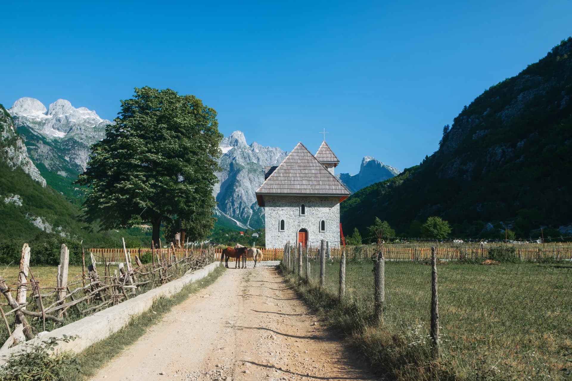 A Catholic Church in the village of Theth in Prokletije in the Acursed Mountains of Albania. The community is at the centre of the Theth National Park, an area of outstanding natural