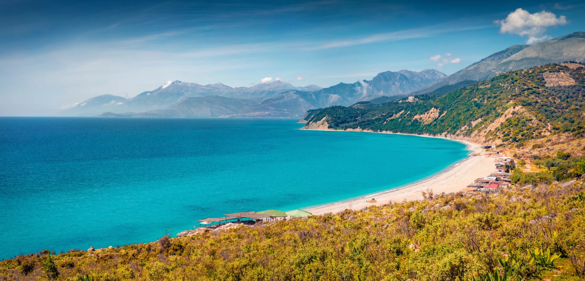 Aerial morning view of Lukove beach. Spectacular spring seascape of Adriatic sea. Impressive outdoor scene of Albania, Europe. Beauty of nature concept background.