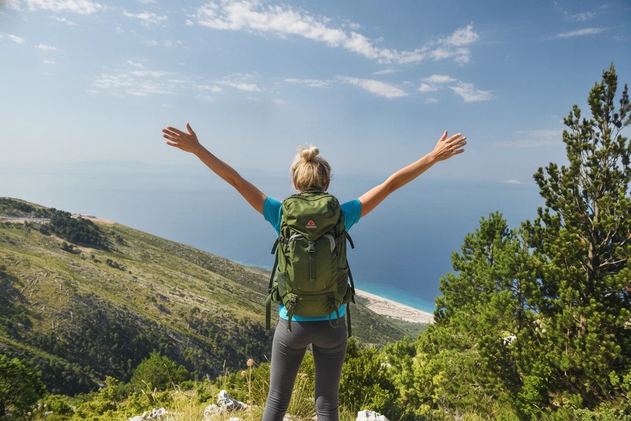 Cheerful tourist with a cute smile on her face enjoying a trekking to explore the environment near the Llogara Pass in Albania, a carefree woman feeling happiness on a green landscape