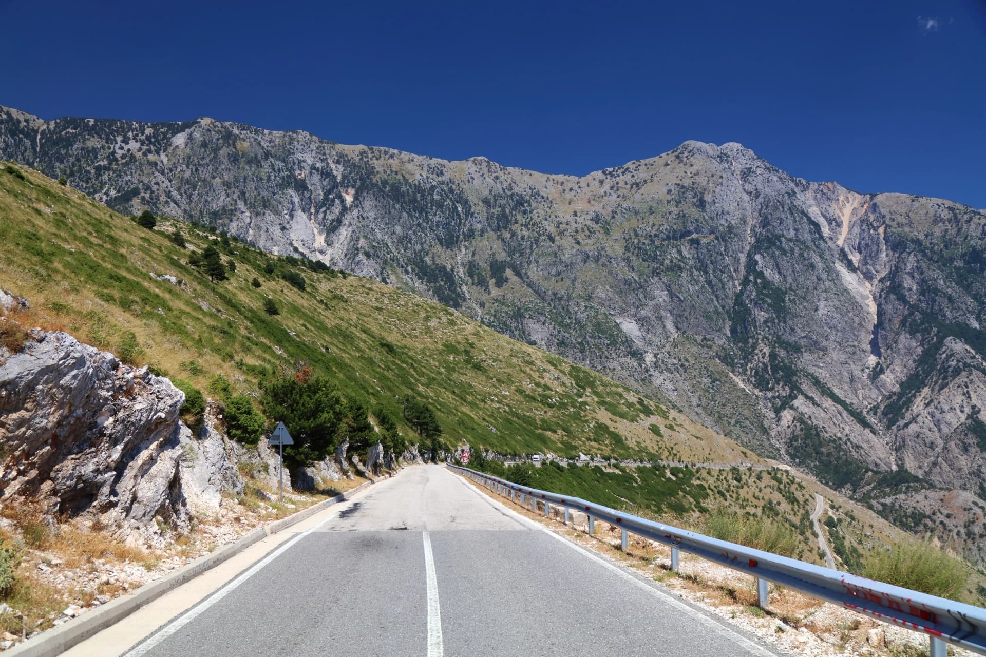 Llogara National Park in summer. Llogara Pass road SH8. Landscape of Ceraunian Mountains in Albania. Cike mountain (also known as Cika).