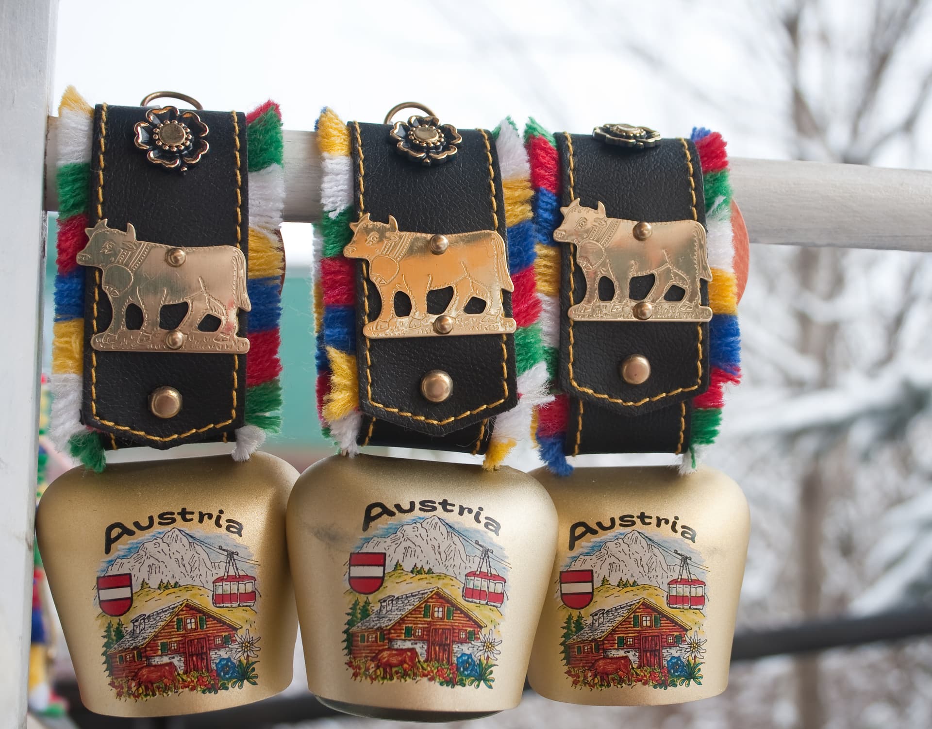 Three Austrian souvenir cowbells with alpine scenes hanging against a blurred, snowy outdoor background.