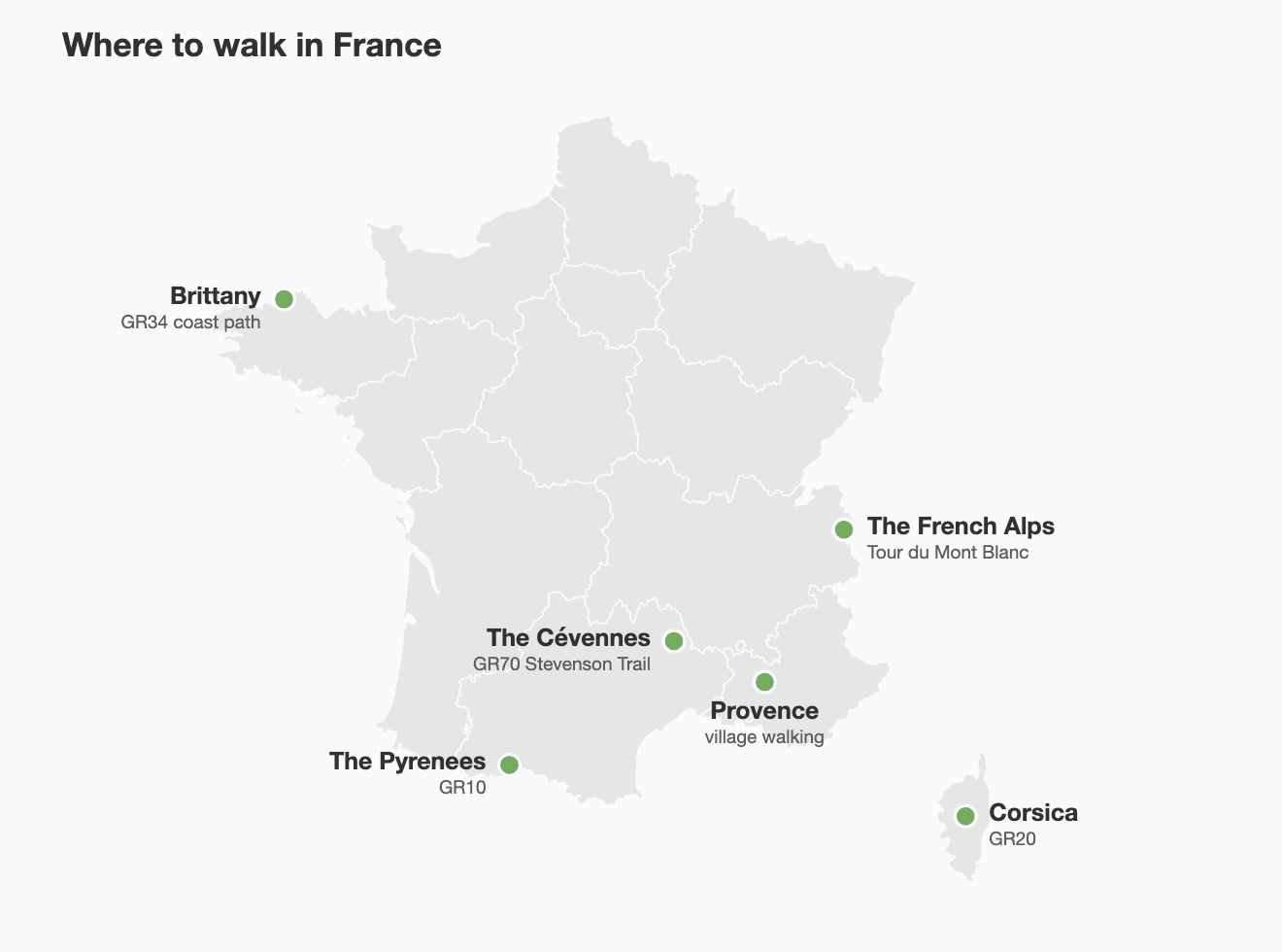 Karte von Frankreich, die die sechs Wanderregionen zeigt, die in diesem Führer behandelt werden