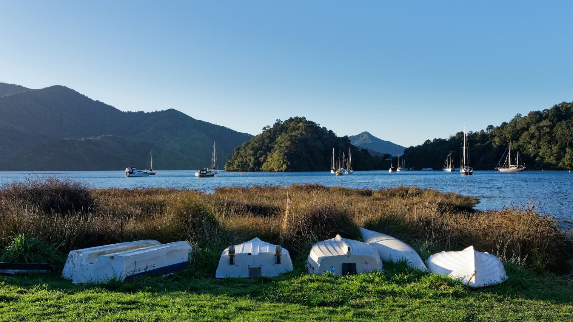 Upturned dinghies on the foreshore at Ngakuta Bay on the Queen Charlotte Sound, the Marlborough Sounds, New Zealand.