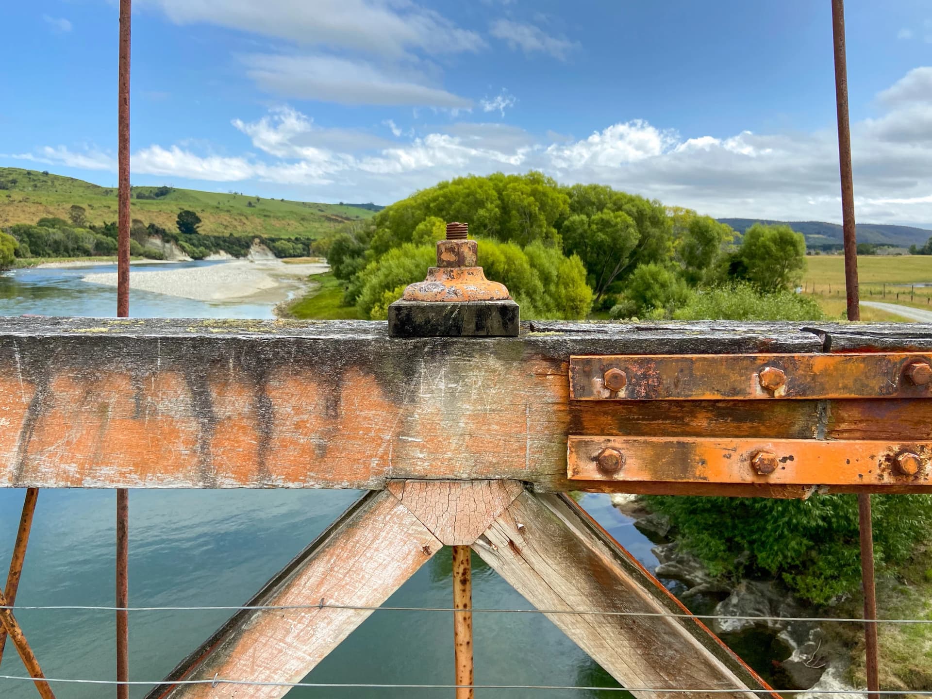 Rusty screws at Clifden Suspension Bridge at Waiau River, Clifden, New Zealand