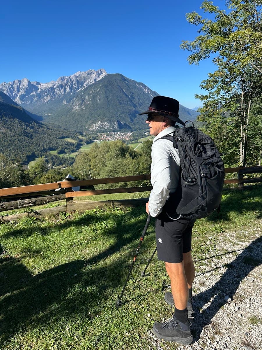 Hiker with backpack and trekking poles looking at mountain valley view