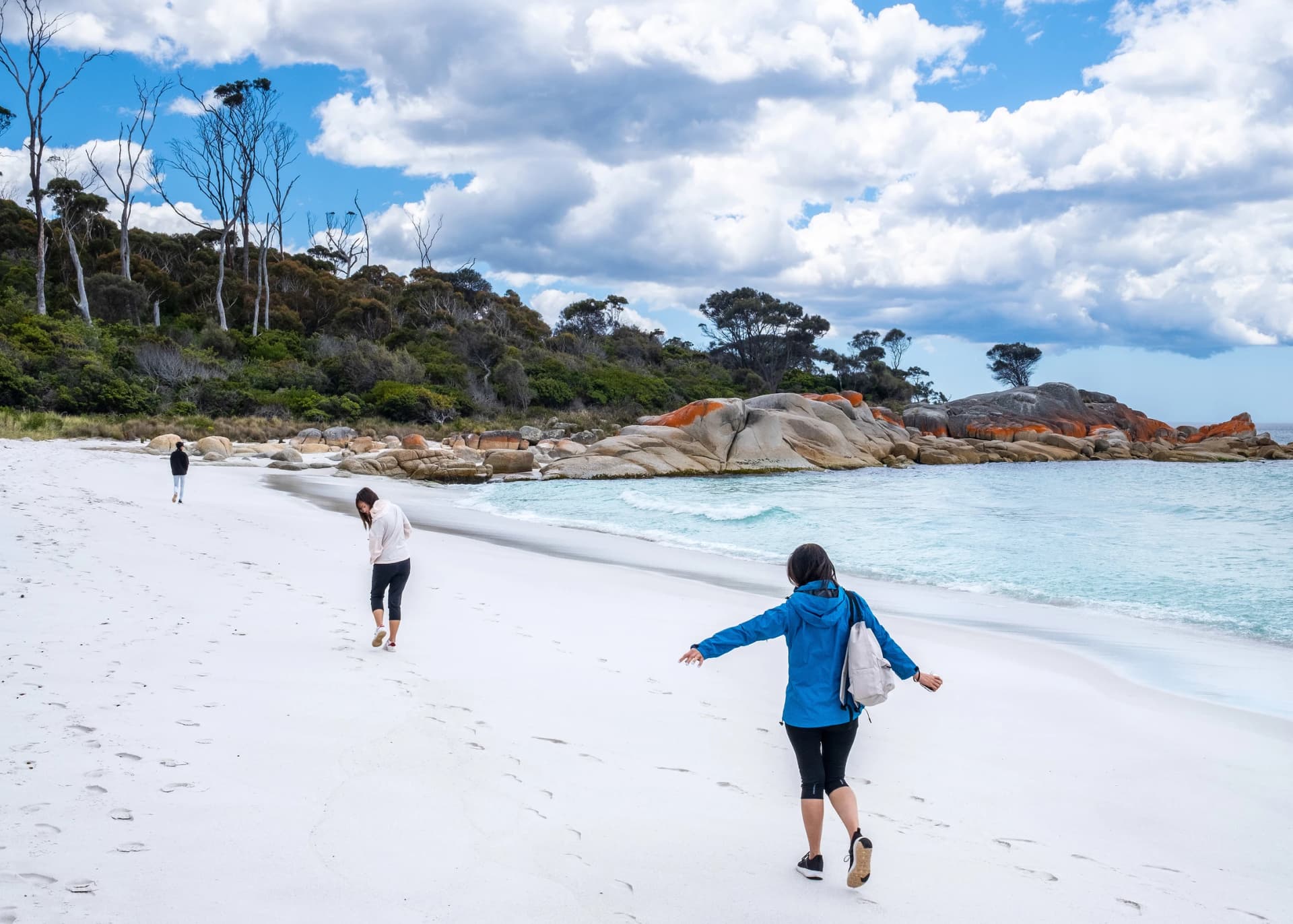 Walkers on a Bay of Fires beach