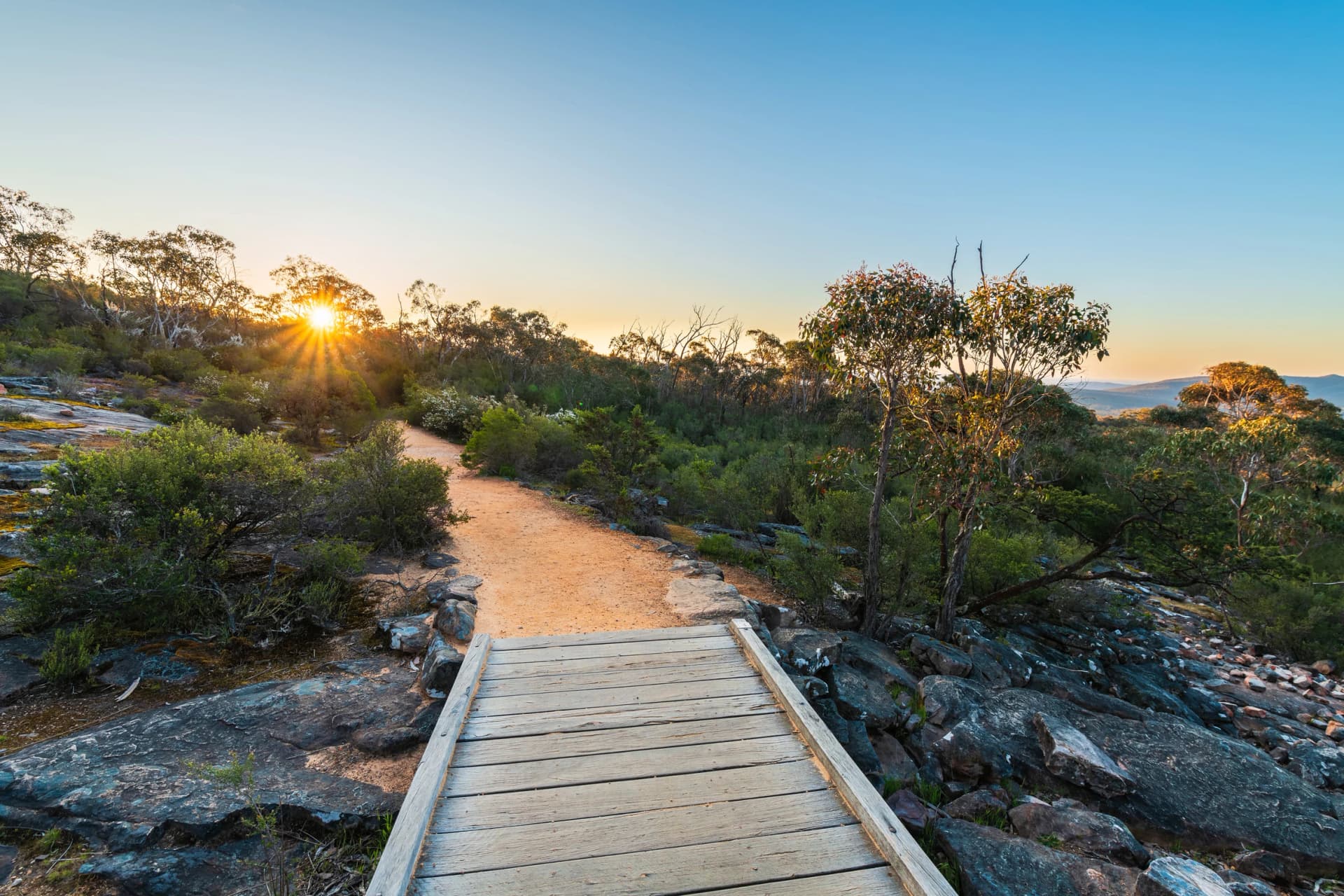 Boardwalk on a Grampians trail at sunset