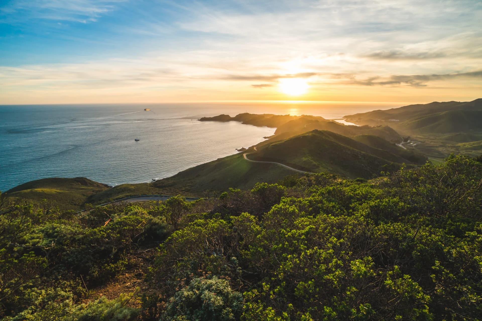 Beautiful scenic sunset view over Marin Headlands and the Pacific Ocean near San Francisco, California, USA