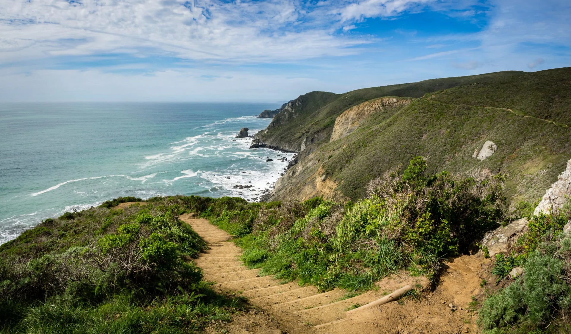 A narrow trail curving across green headlands above the ocean