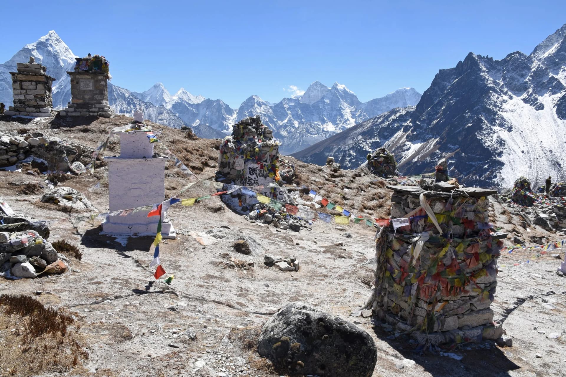 Memorials to fallen Everest mountaineers between Thukla and Lobuche, Nepal