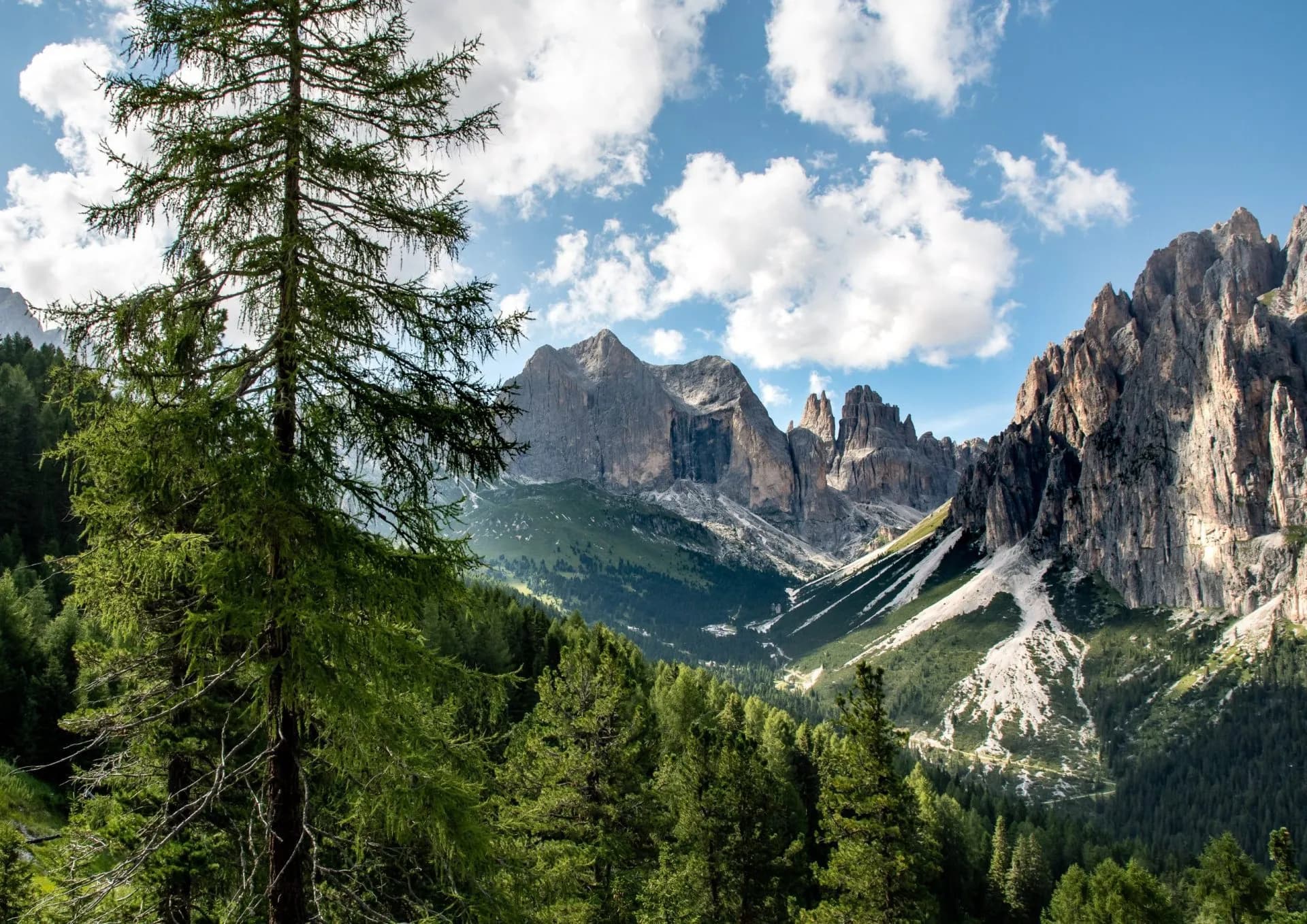Alpine mountain range with steep rocky peaks, green forests, and blue sky with clouds