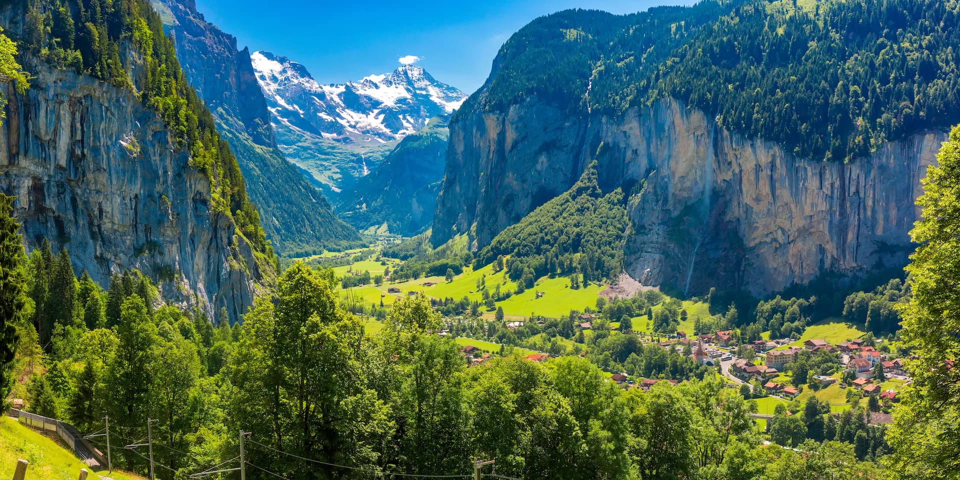 Panoramic view of Lauterbrunnen valley, village, Staubbach Fall, and Lauterbrunnen Wall.