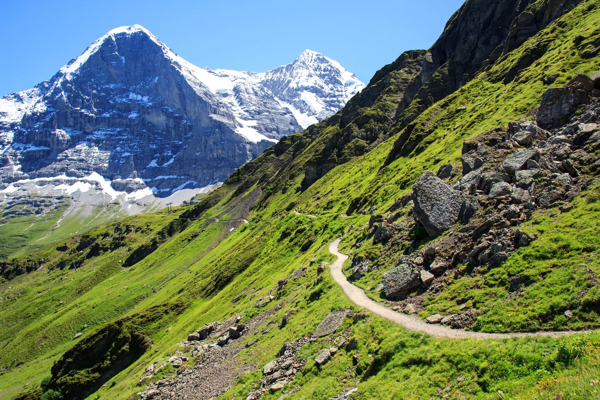 Hiking on panoramic trail from Männlichen to Kleine Scheidegg with Mount Eiger view